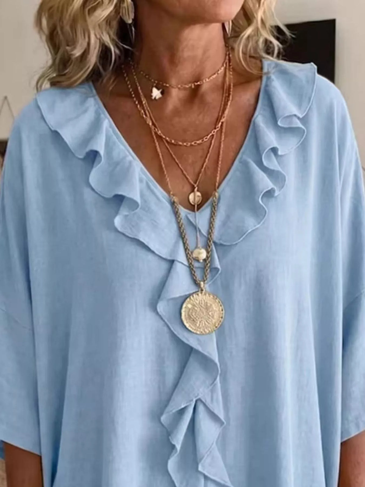 Full Size Ruffled V-Neck 3/4 Sleeve Blouse Plus Size, view 5