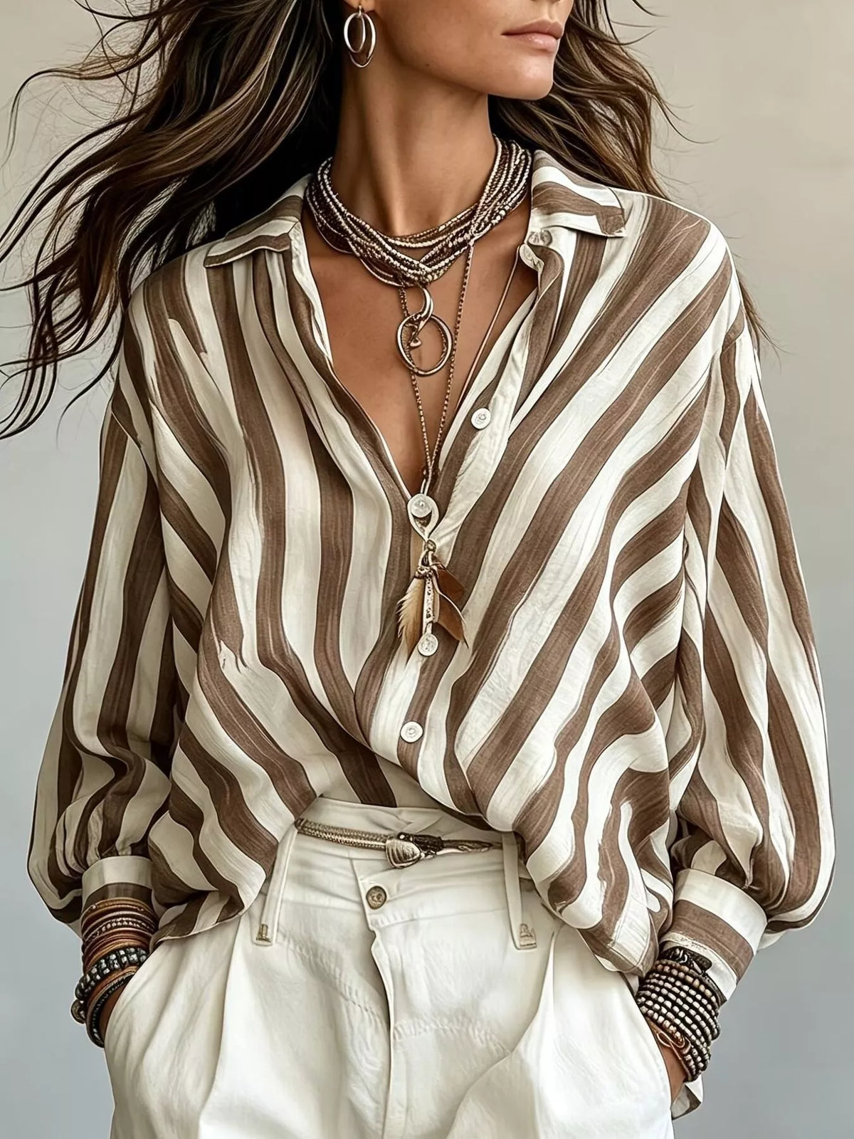 Striped Loose Fit Shirt in Khaki