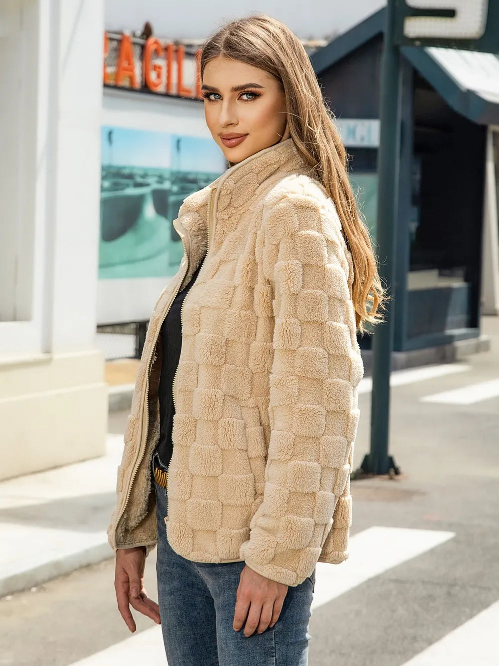 Fuzzy Checkered Zip Up Jacket, view 2