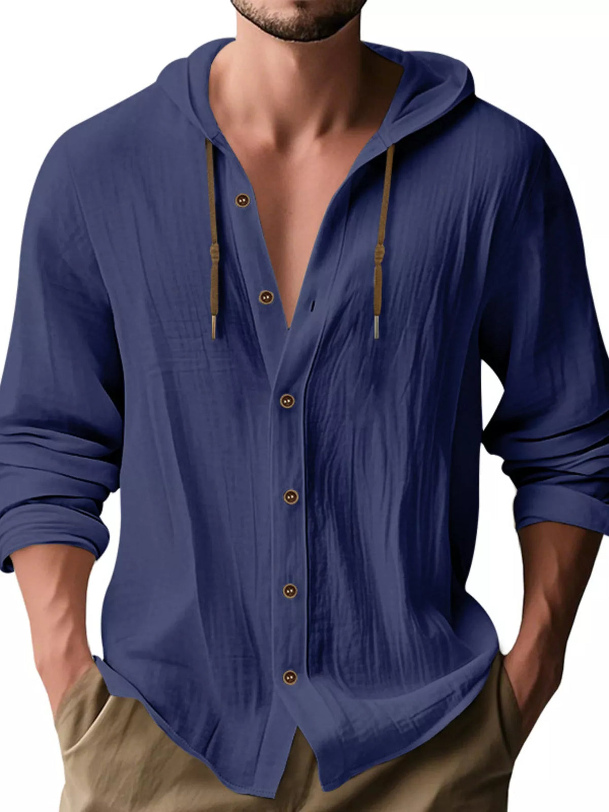 Men's Full Size Drawstring Button Up Hooded Shirt Plus Size - Lilixa.store