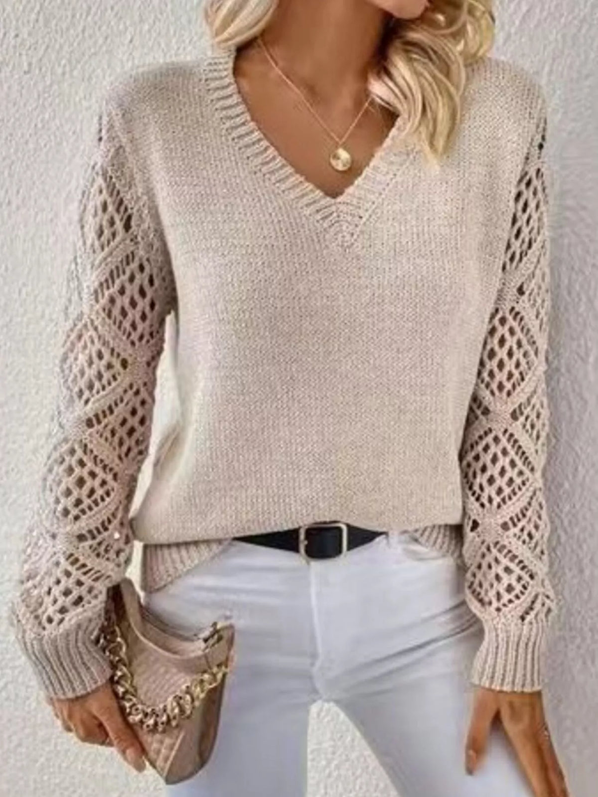 V-Neck Hollow-Out Sleeve Knit Sweater - Lilixa.store