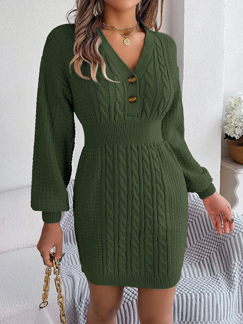 Buttoned Cable-Knit V-Neck Sweater Dress in Army Green