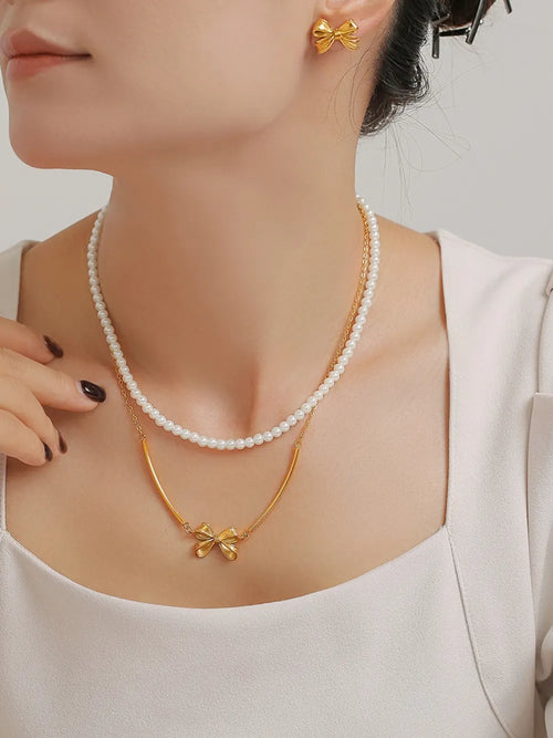 3 Piece Pearl Necklace, Bow Necklace and Stud Earrings Jewelry Set - Lilixa.store