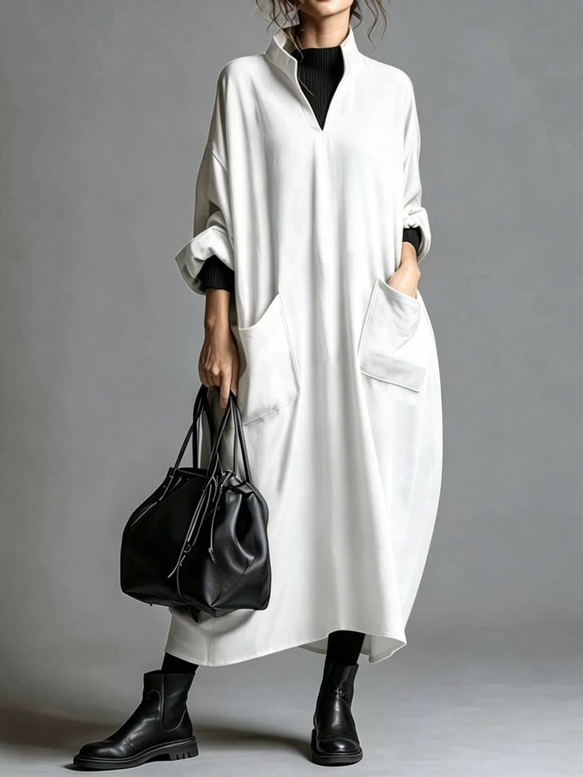 Full Size Loose-Fit Mock Neck Midi Dress with Pockets Plus Size - Lilixa.store