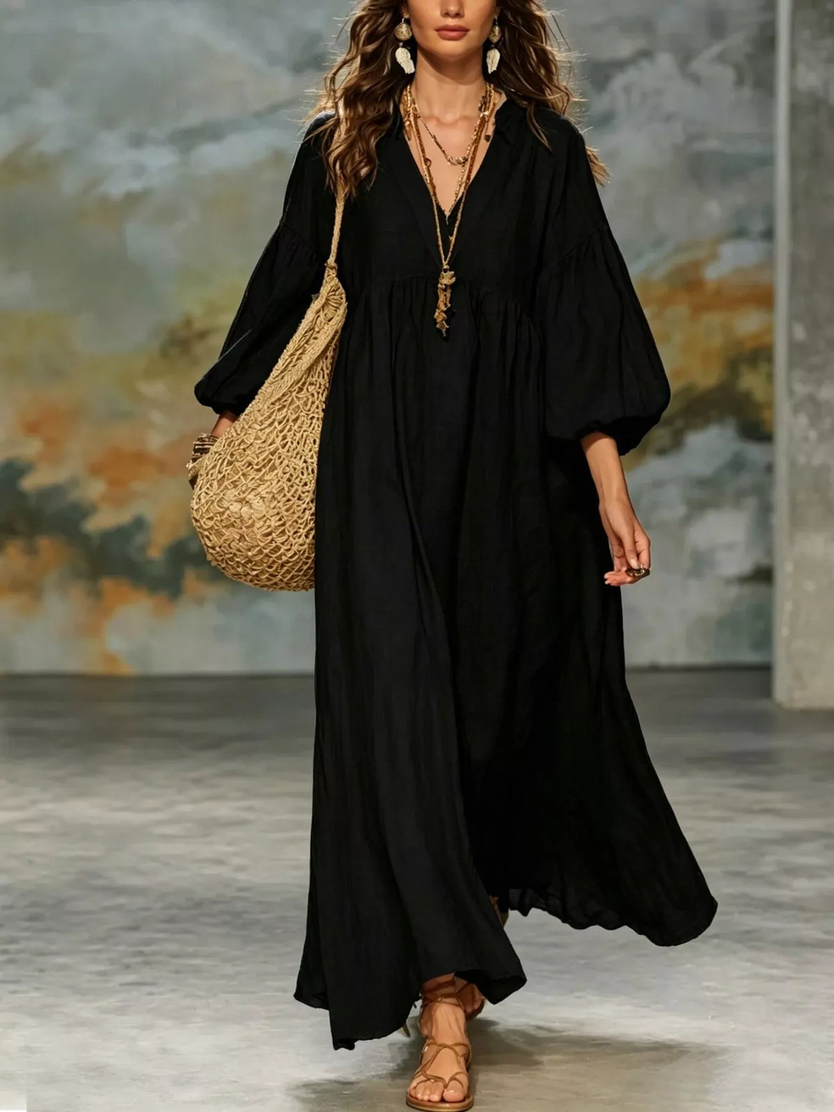 Full Size Notched 3/4 Sleeve Maxi Dress Plus Size