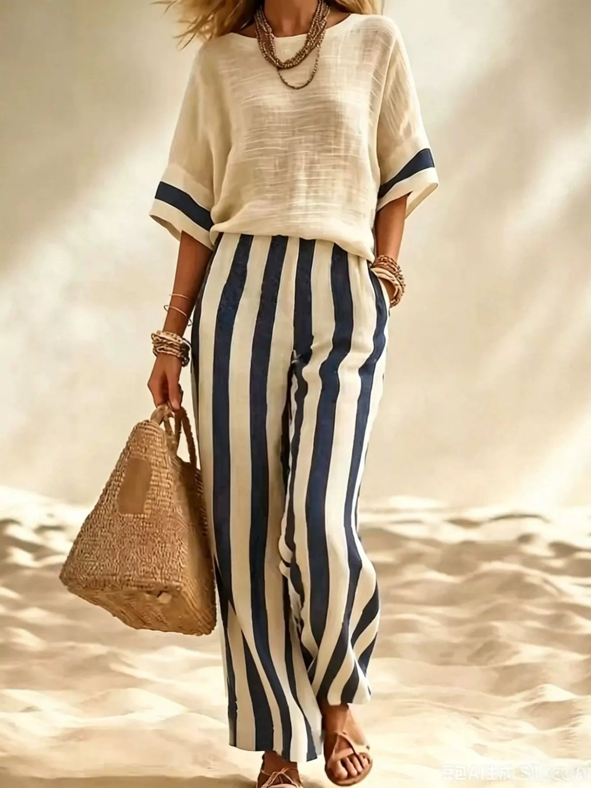 Full Size Striped Half Sleeve Top and Pants Set Plus Size - Lilixa.store