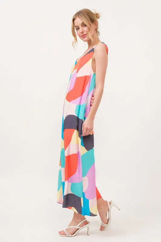And The Why Tied Shoulder Straps Wide-Leg Geo Print Jumpsuit - Lilixa.store