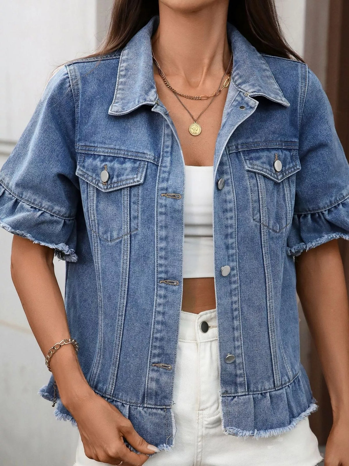 Raw Hem Button Up Denim Jacket, view 3