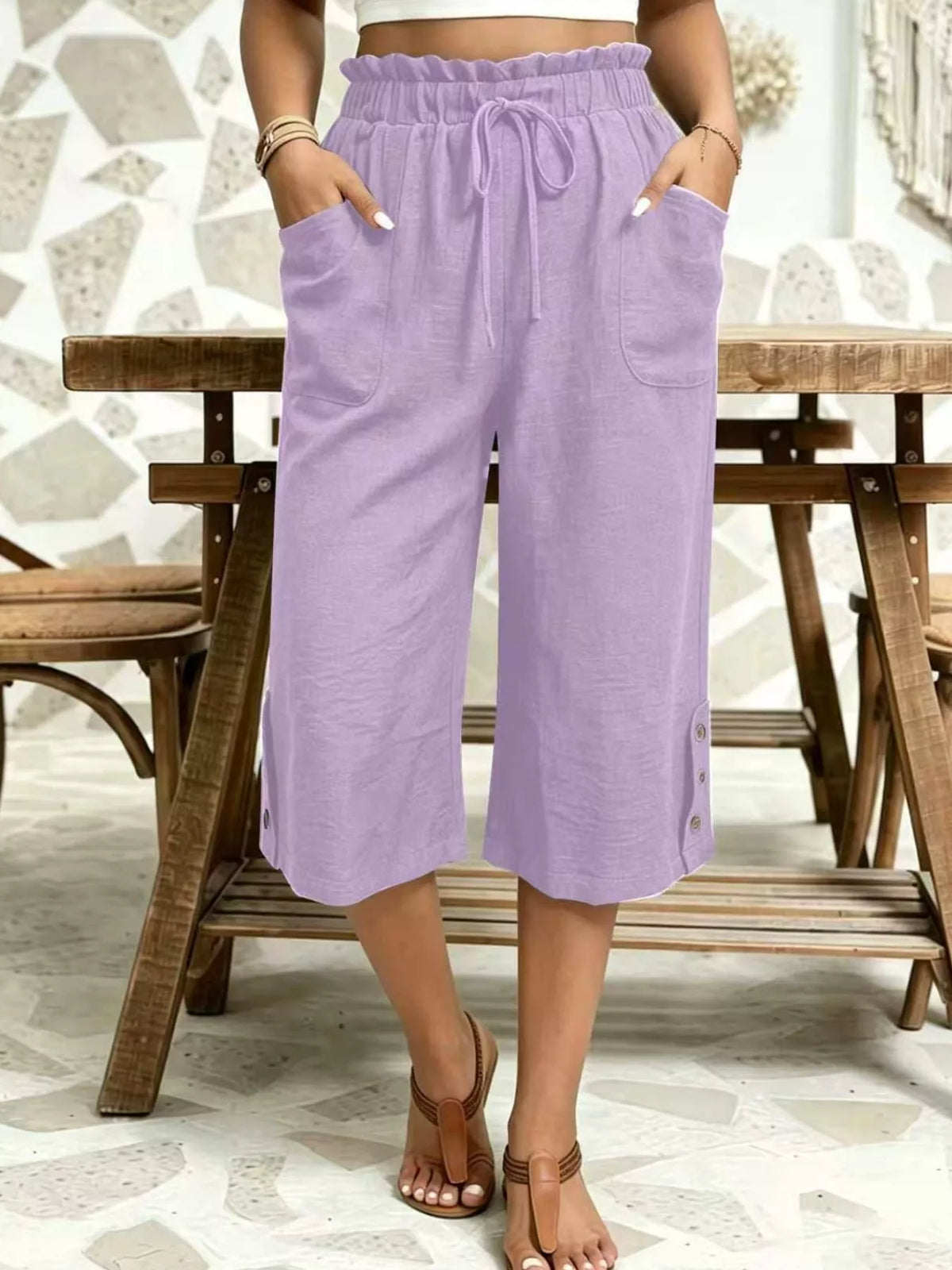High-Waisted Drawstring Capris in Violet