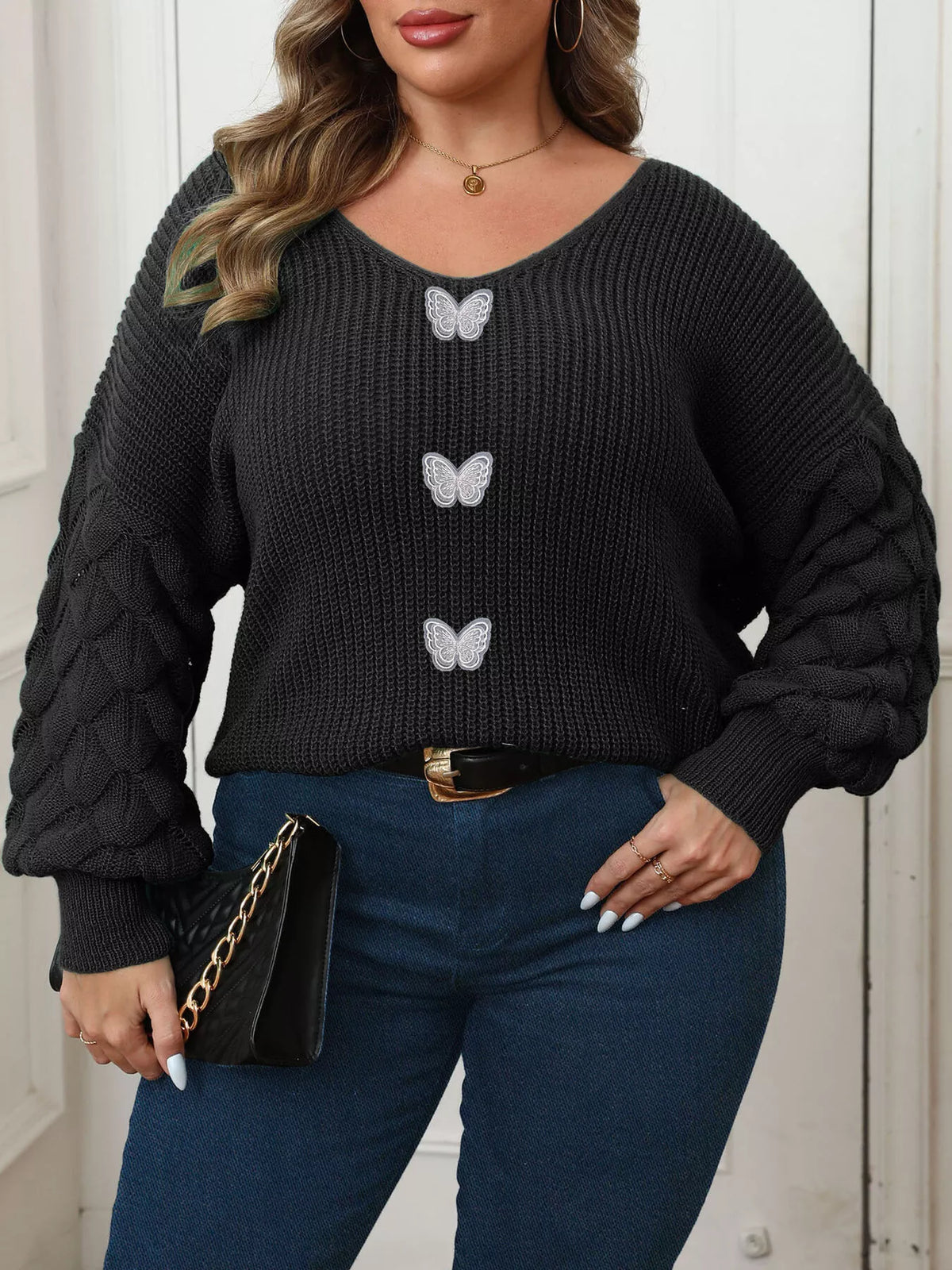 Plus Size Butterfly Dropped Shoulder Sweater - Lilixa.store