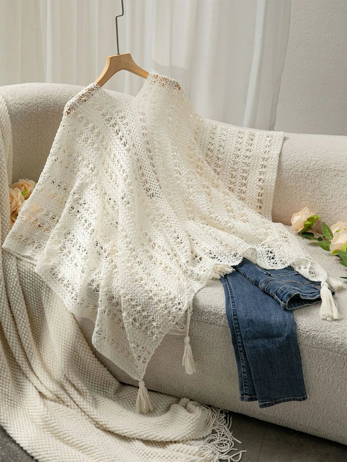 Openwork Tassel Open Front Knit Cover Up - Lilixa.store