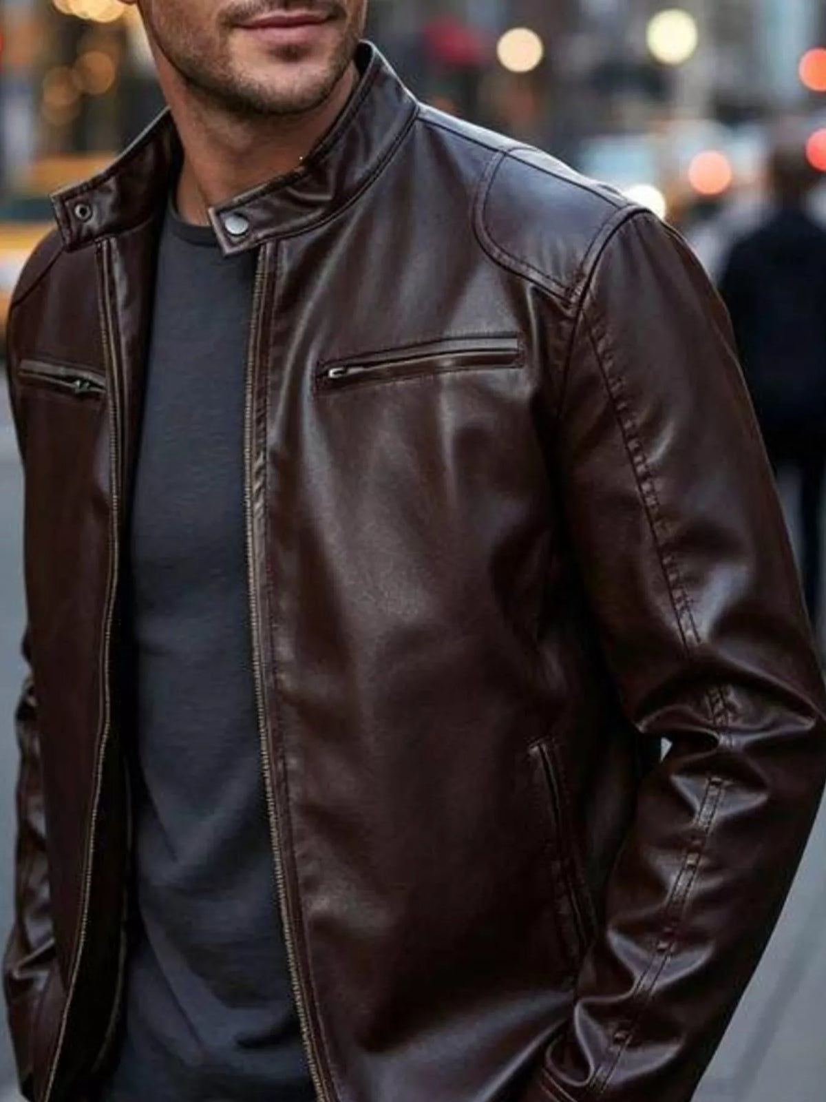 Men's Full Size Faux Leather Bomber Jacket with Zipper Pockets Plus Size - Lilixa.store