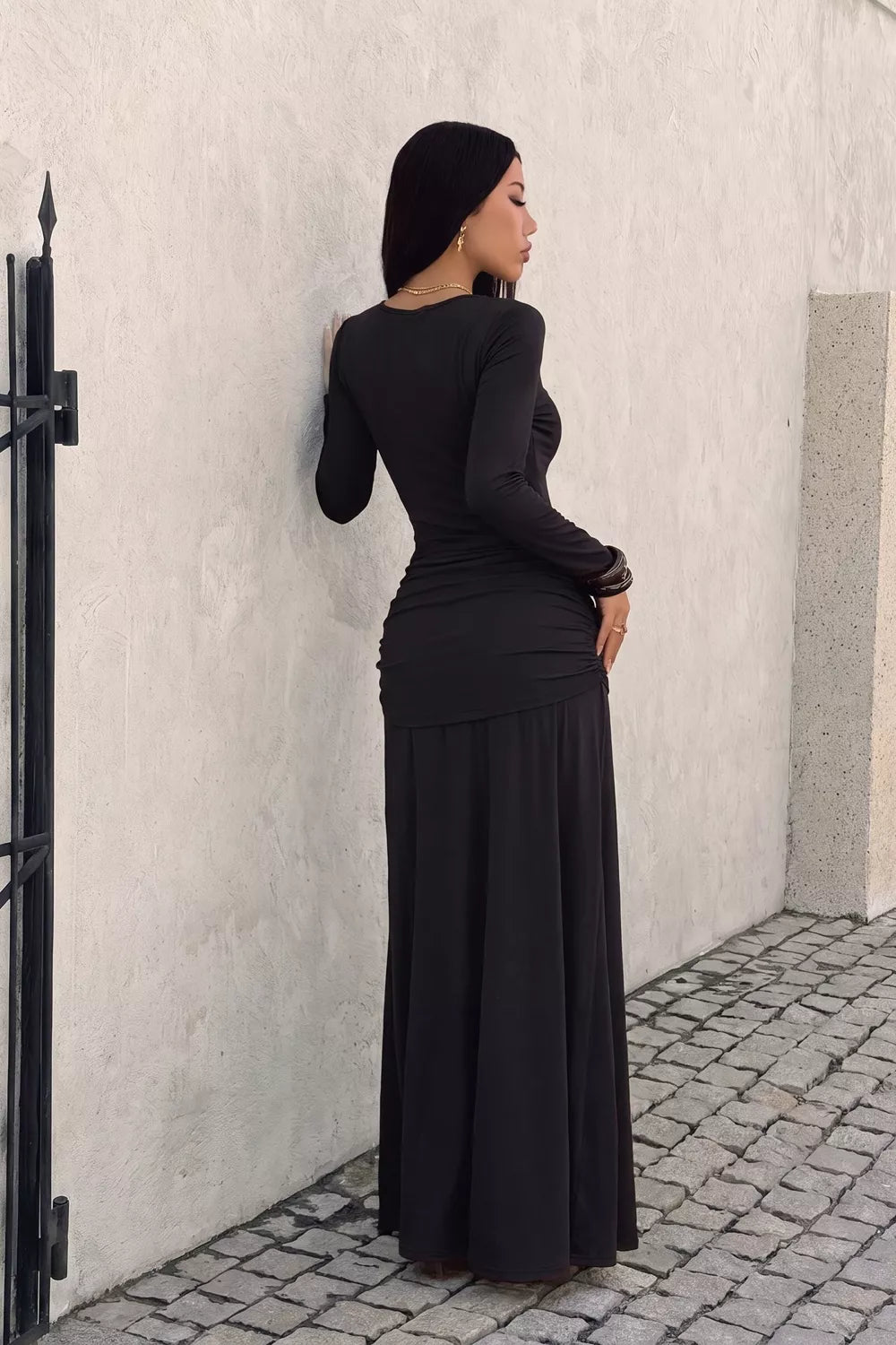 V-Neck Lace Trim Long Sleeve Tie-Waist Maxi Dress - Lilixa.store