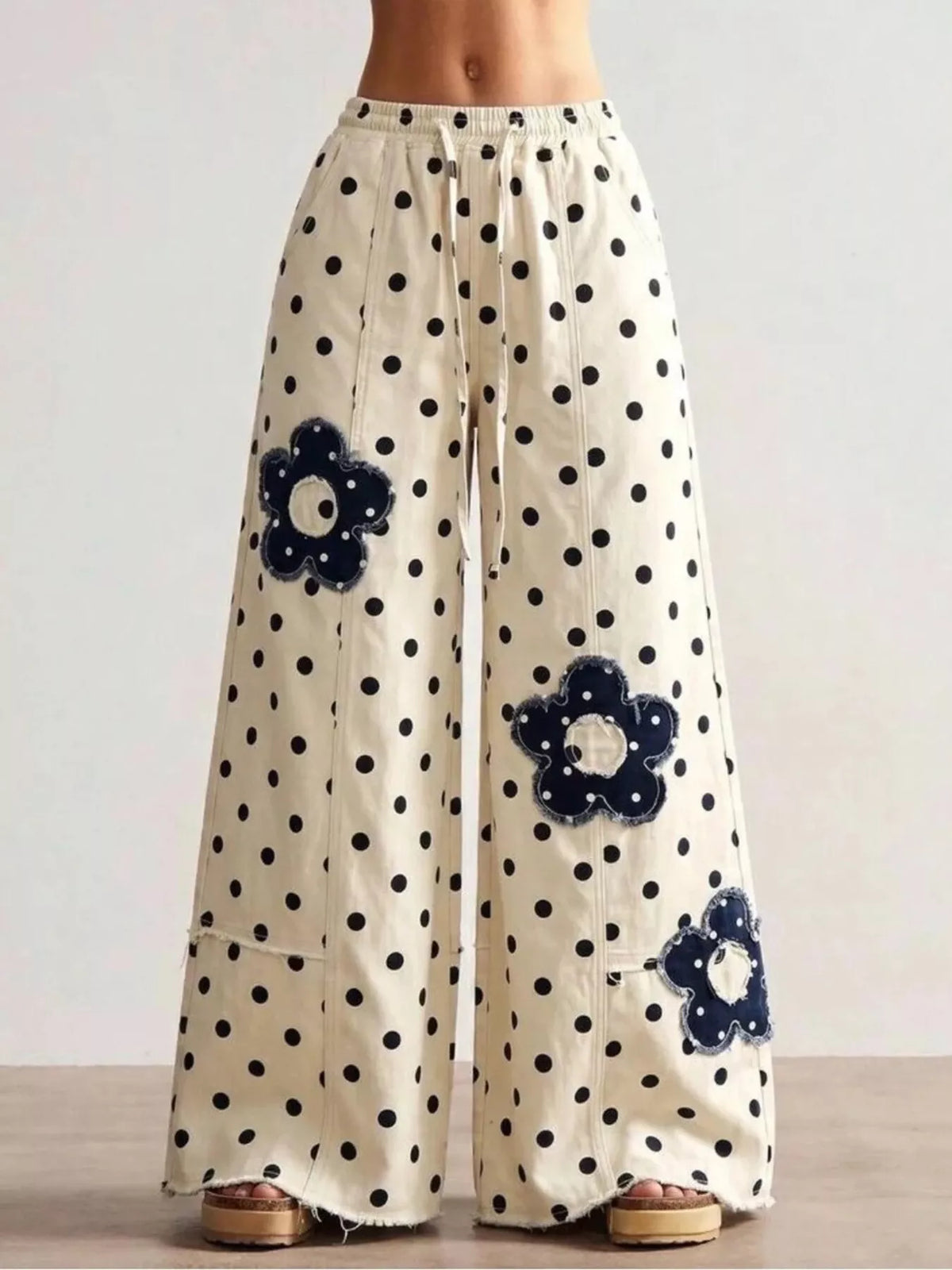 Floral Applique Polka Dot Wide-Leg Jeans - Lilixa.store