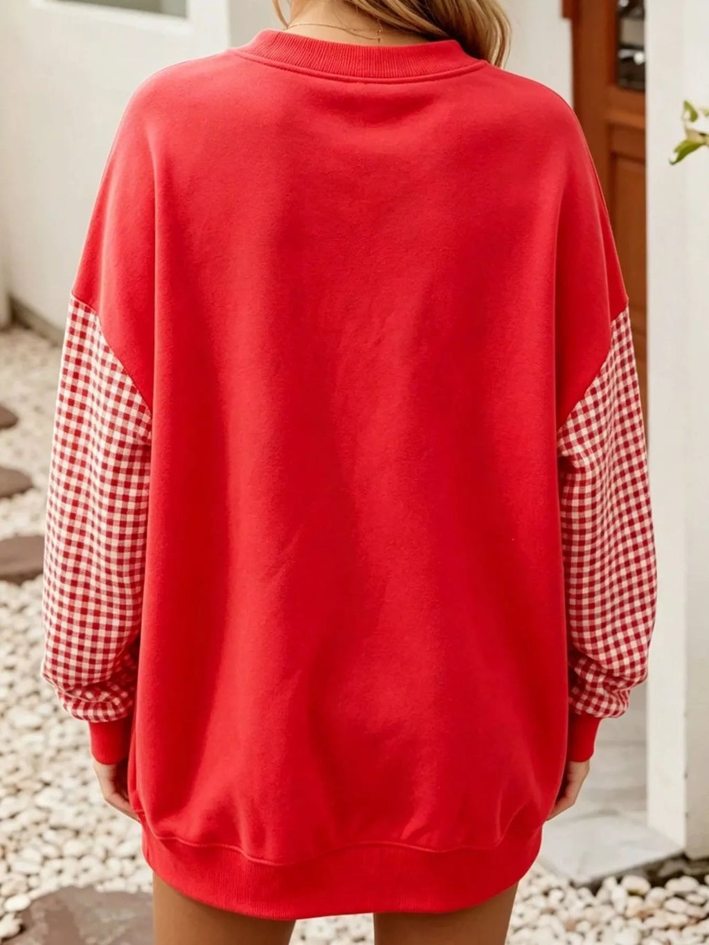 Contrast Gingham Long Sleeve Sweatshirt - Lilixa.store