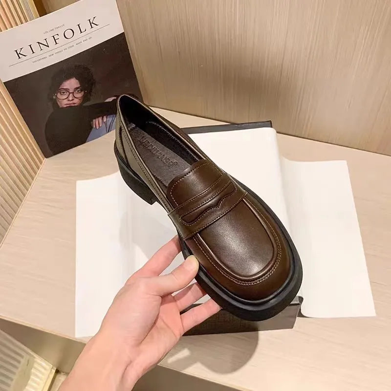 Round Toe Platform Loafers in Coffee Brown