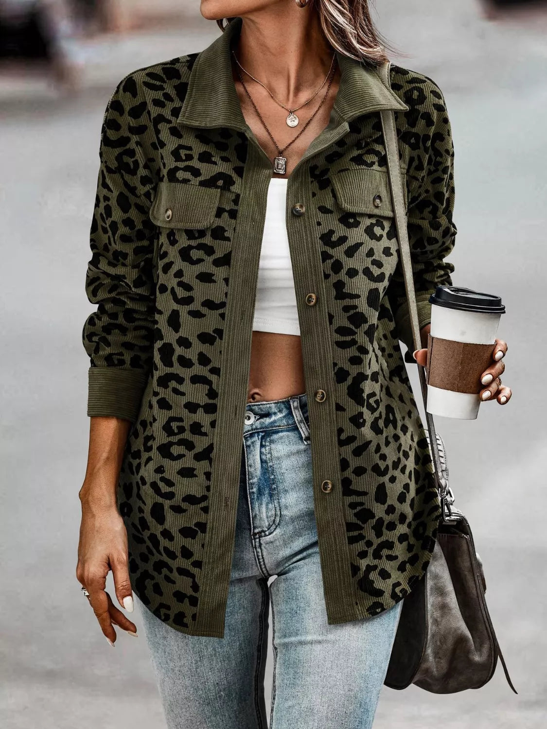 Full Size Leopard Print Button-Down Jacket Plus Size, view 7