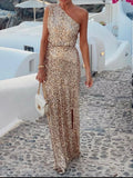Sequin One-Shoulder Slit Maxi Dress - Lilixa.store