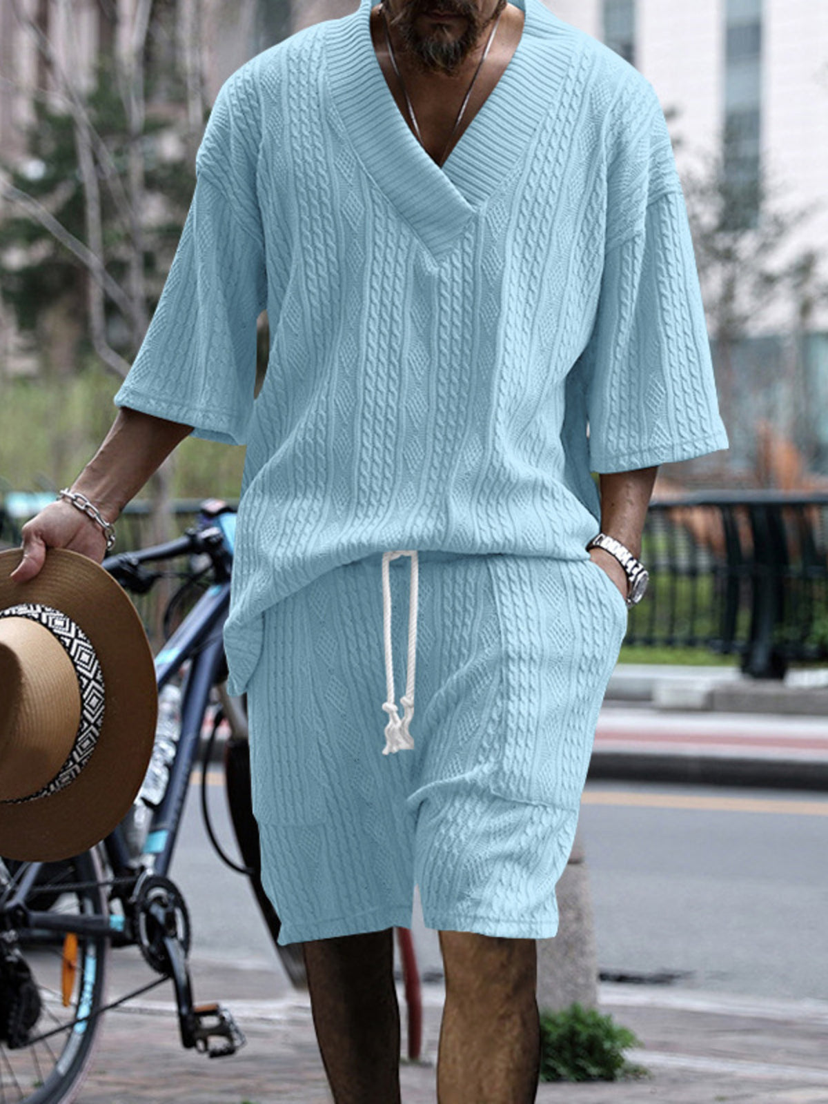 Men's Full Size Casual Knit V-Neck Short Sleeve Top and Shorts Set Plus Size - Lilixa.store