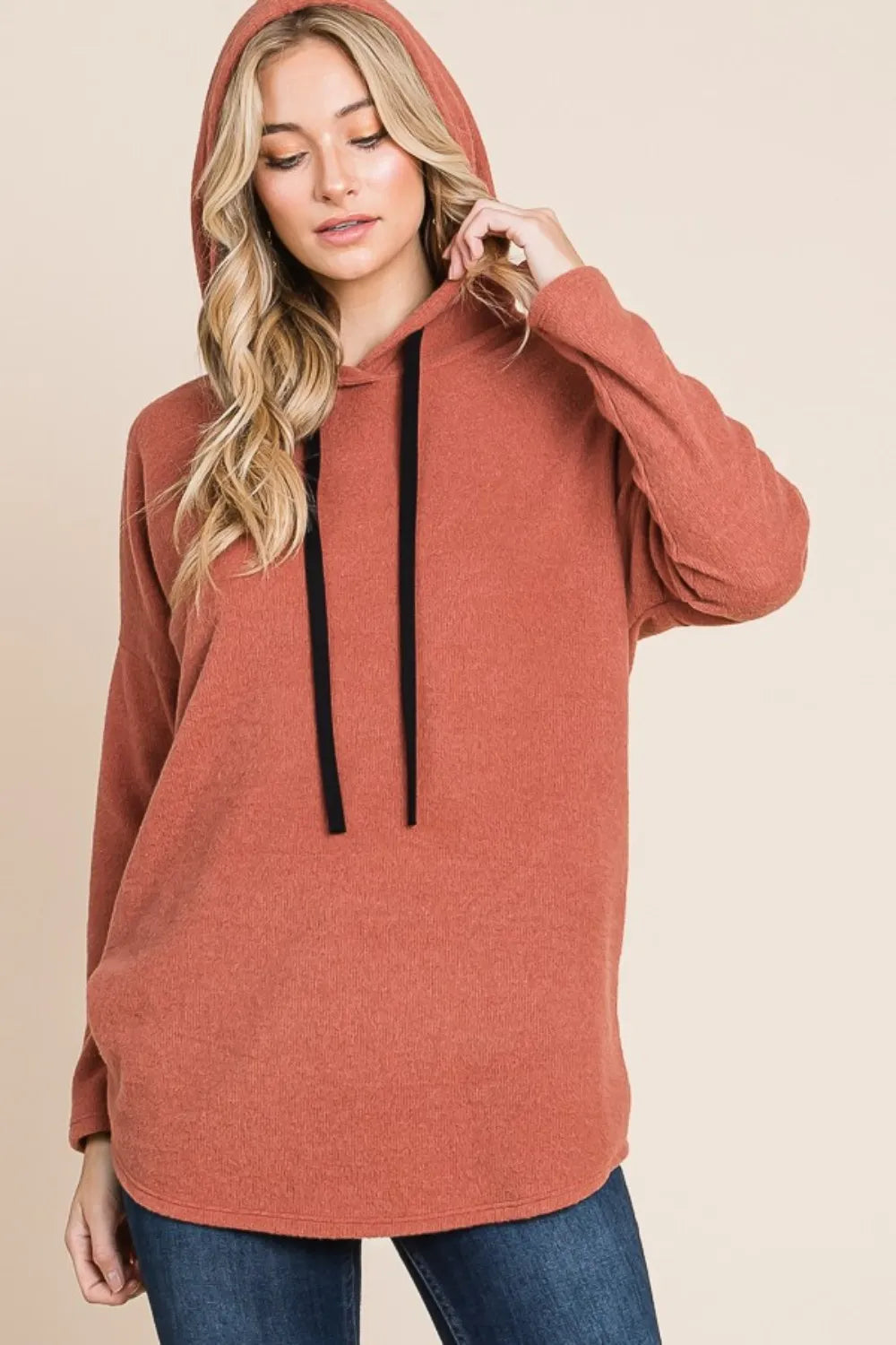 BOMBOM Contrast Drawstring Drop Shoulder Knit Hoodie - Lilixa.store