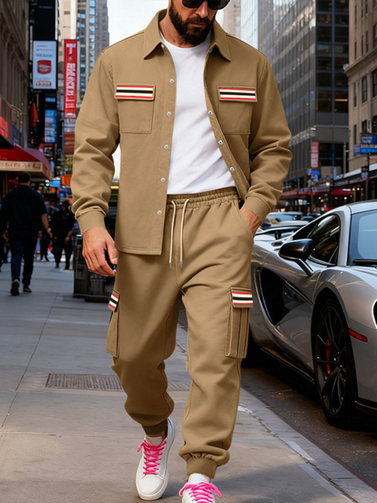 Men's Full Size Collared Neck Shacket and Pants Set Plus Size