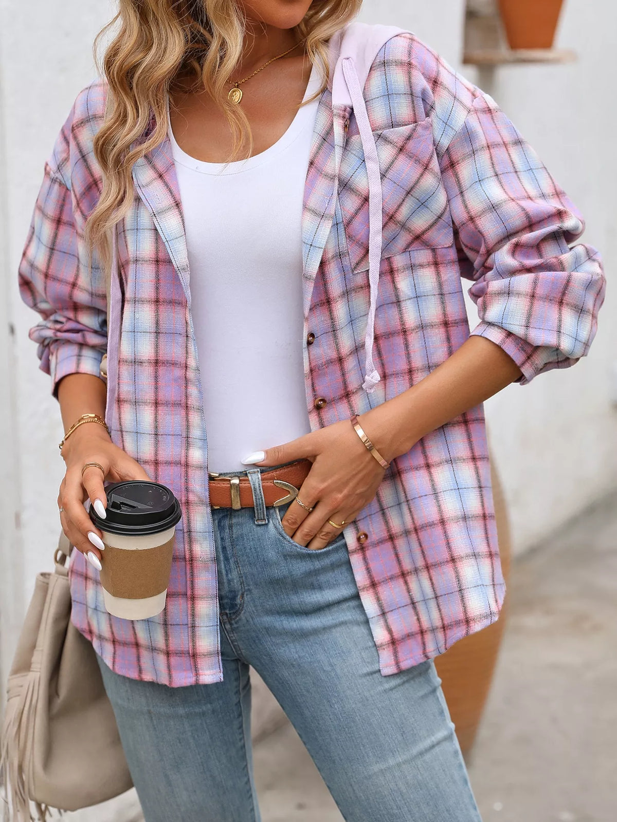 Plaid Button-Up Hooded Shirt with Chest Pocket - Lilixa.store