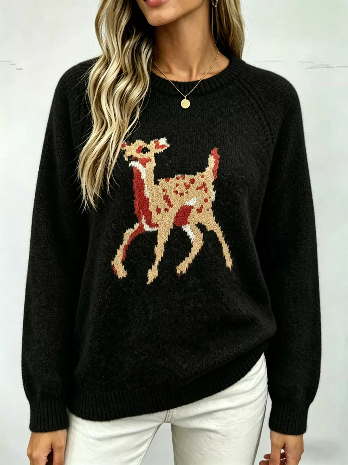 Deer Pattern Raglan Sleeve Sweater - Lilixa.store