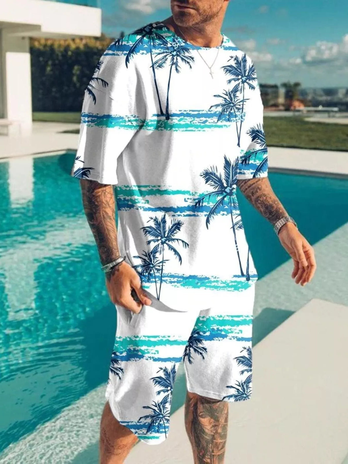 Men's Full Size Palm Tree Print Top and Shorts Set Plus Size - Lilixa.store