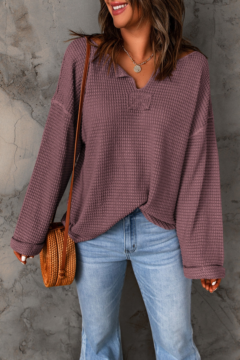Notched Neck Drop Shoulder Blouse in Dusty Purple
