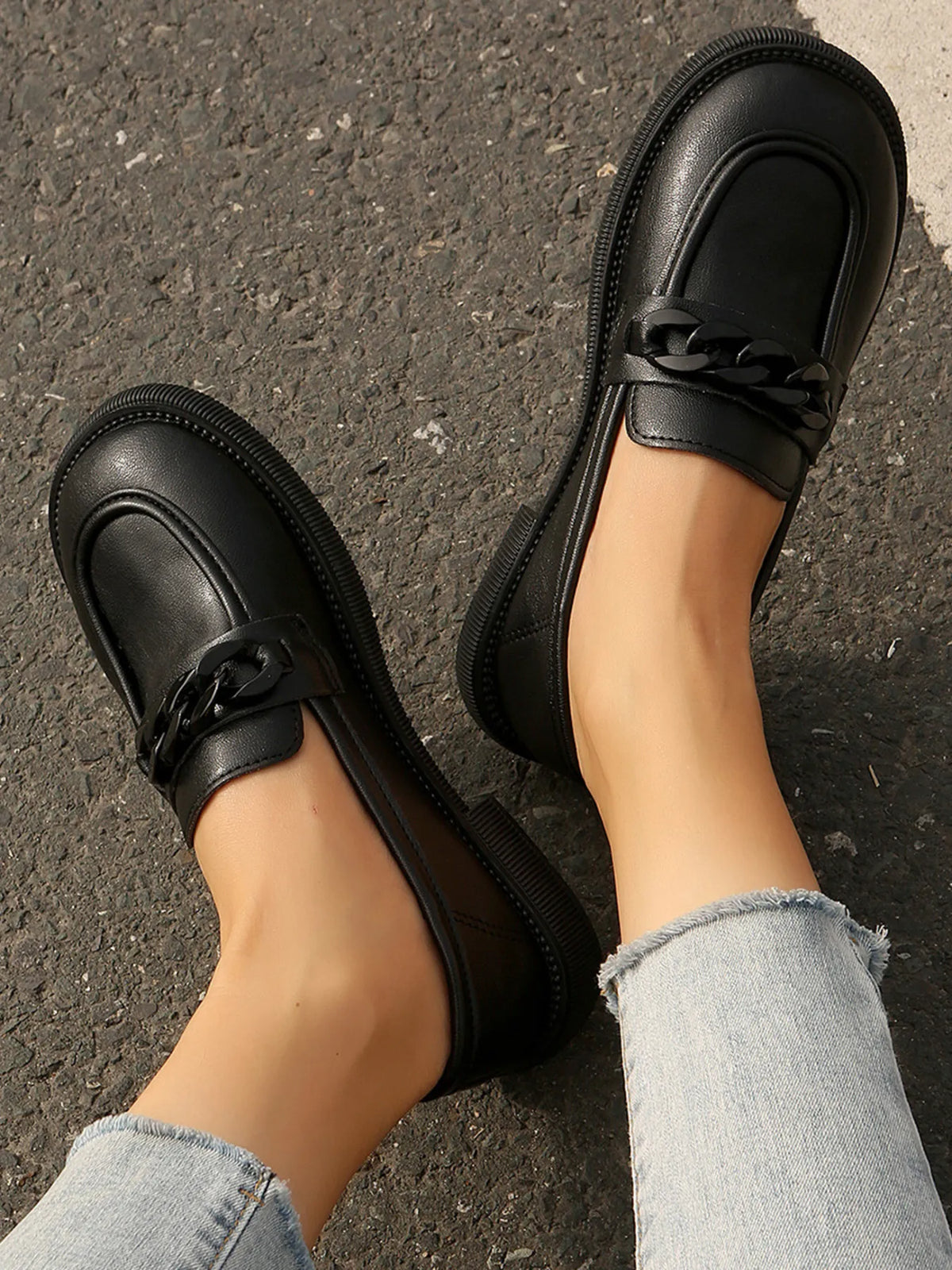 Chain Detail Leather Loafers in Black, view 4