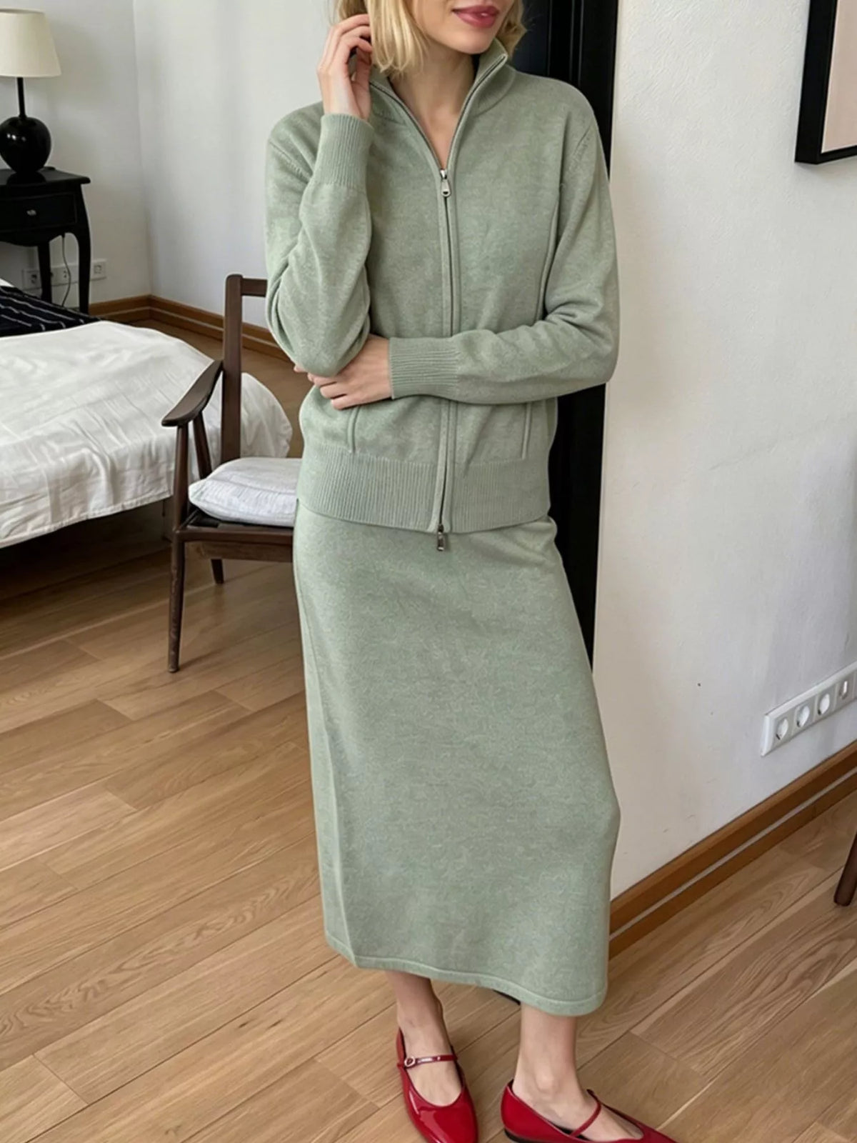 Zip-Up Mock Neck Cardigan and Matching Midi Skirt Sweater Set, view 10