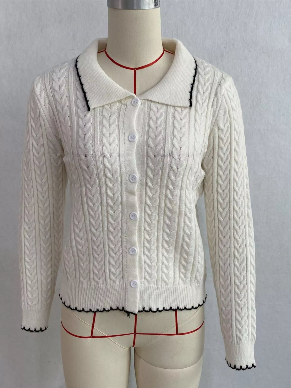 Cable Knit Polo Collar Button-Up Cardigan, view 10
