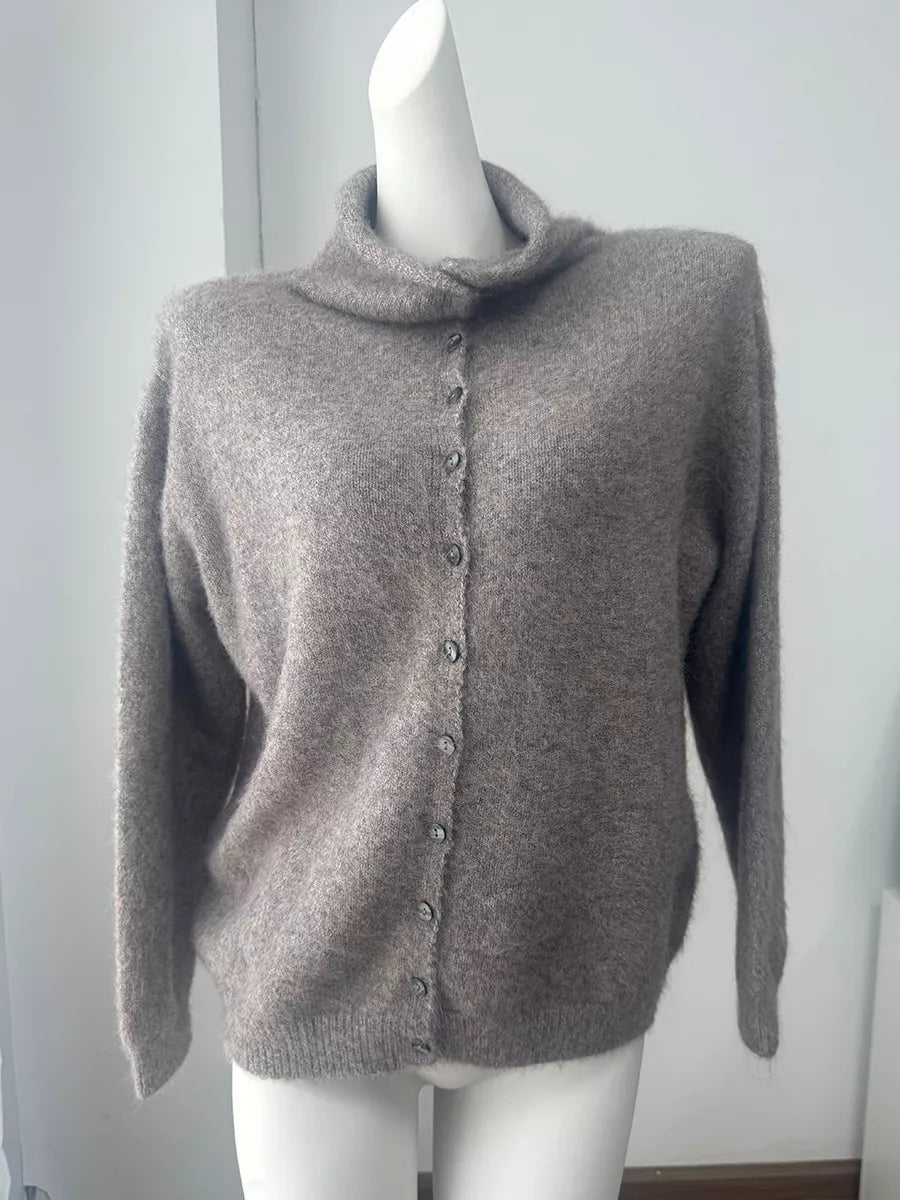 Mock Neck Button-Down Fuzzy Knit Cardigan, view 18