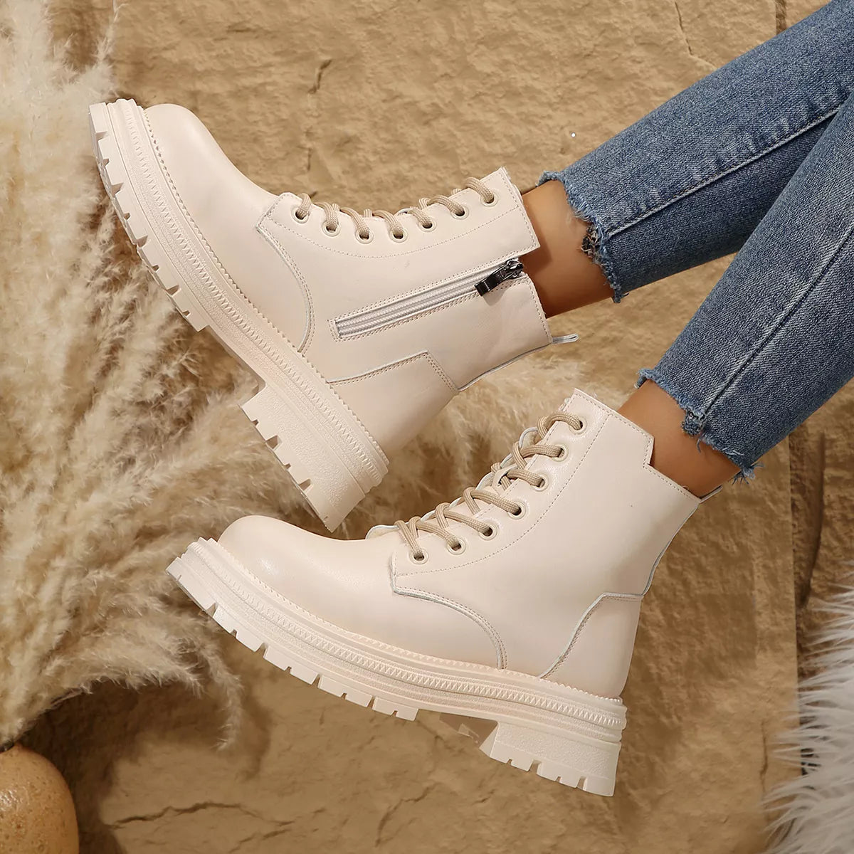 Lace Up Round Toe Platform Boots - Lilixa.store