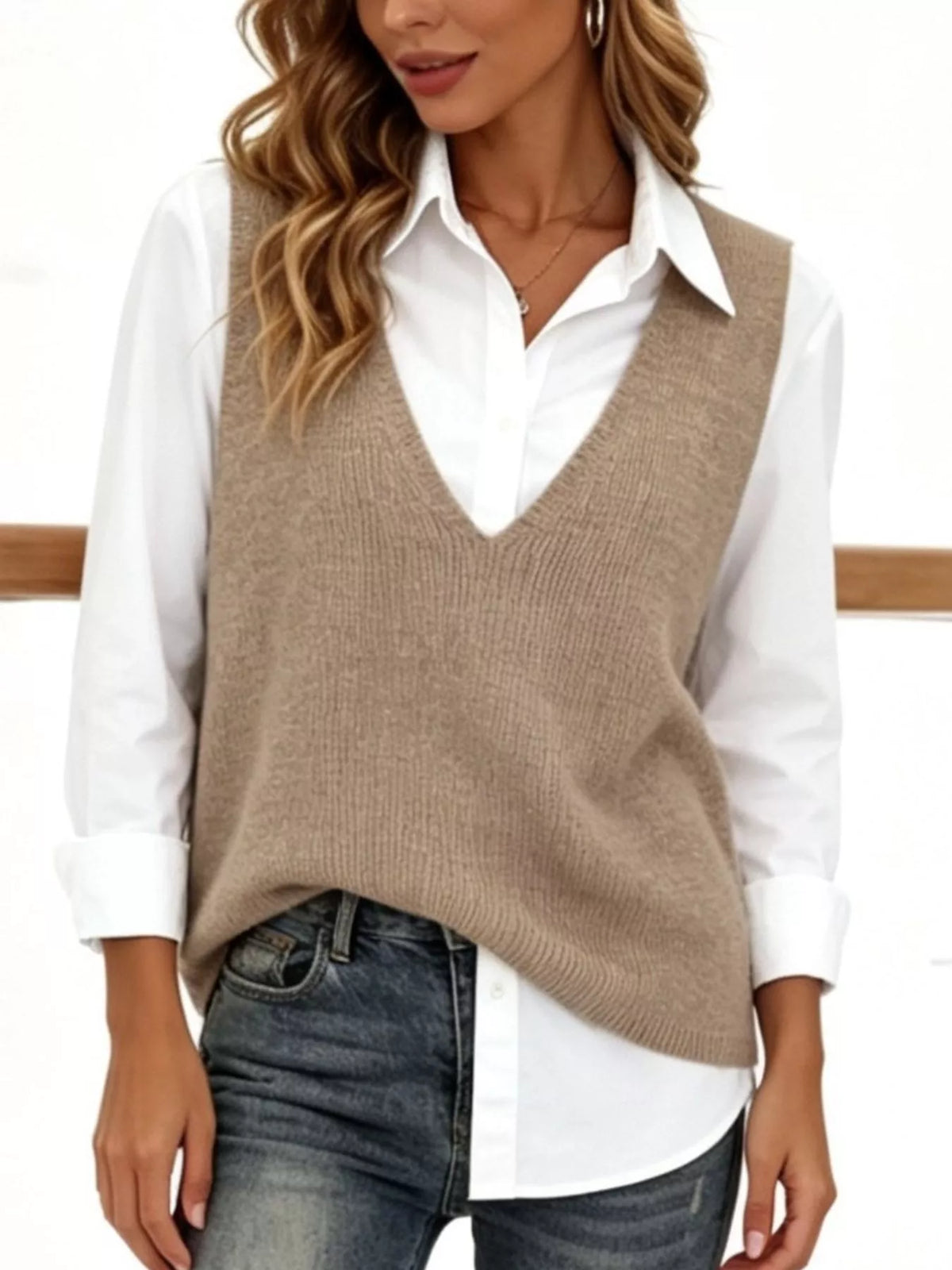 Full Size Chic V-Neck Sleeveless Knit Sweater Vest Plus Size - Lilixa.store