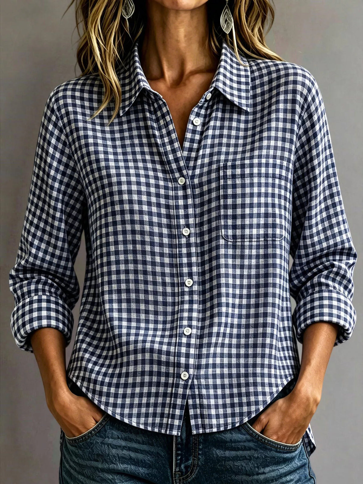 Gingham Button-Down Long Sleeve Shirt
