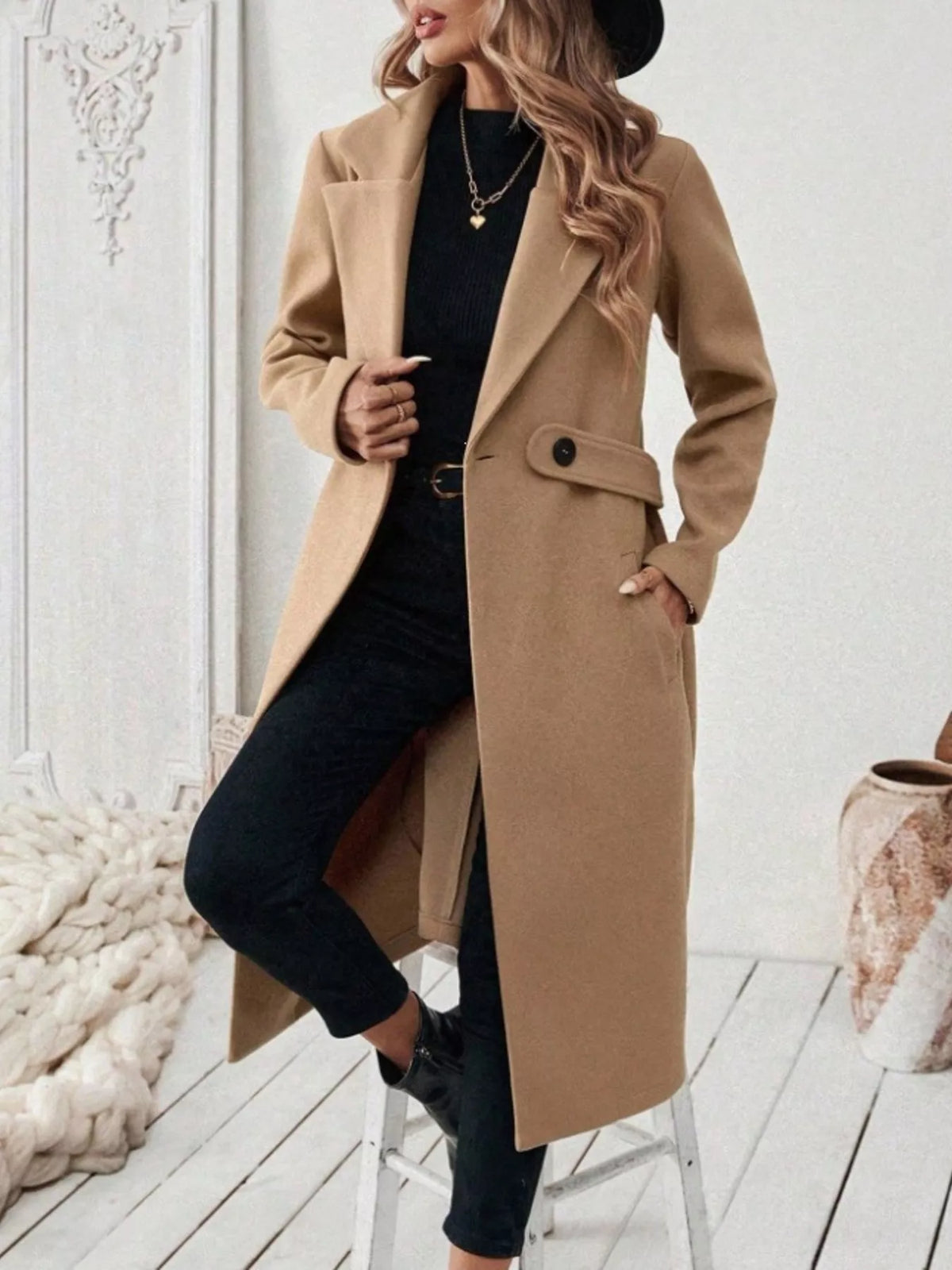 Full Size Elegant Lapel Collar Belted Coat with Pockets Plus Size, view 12