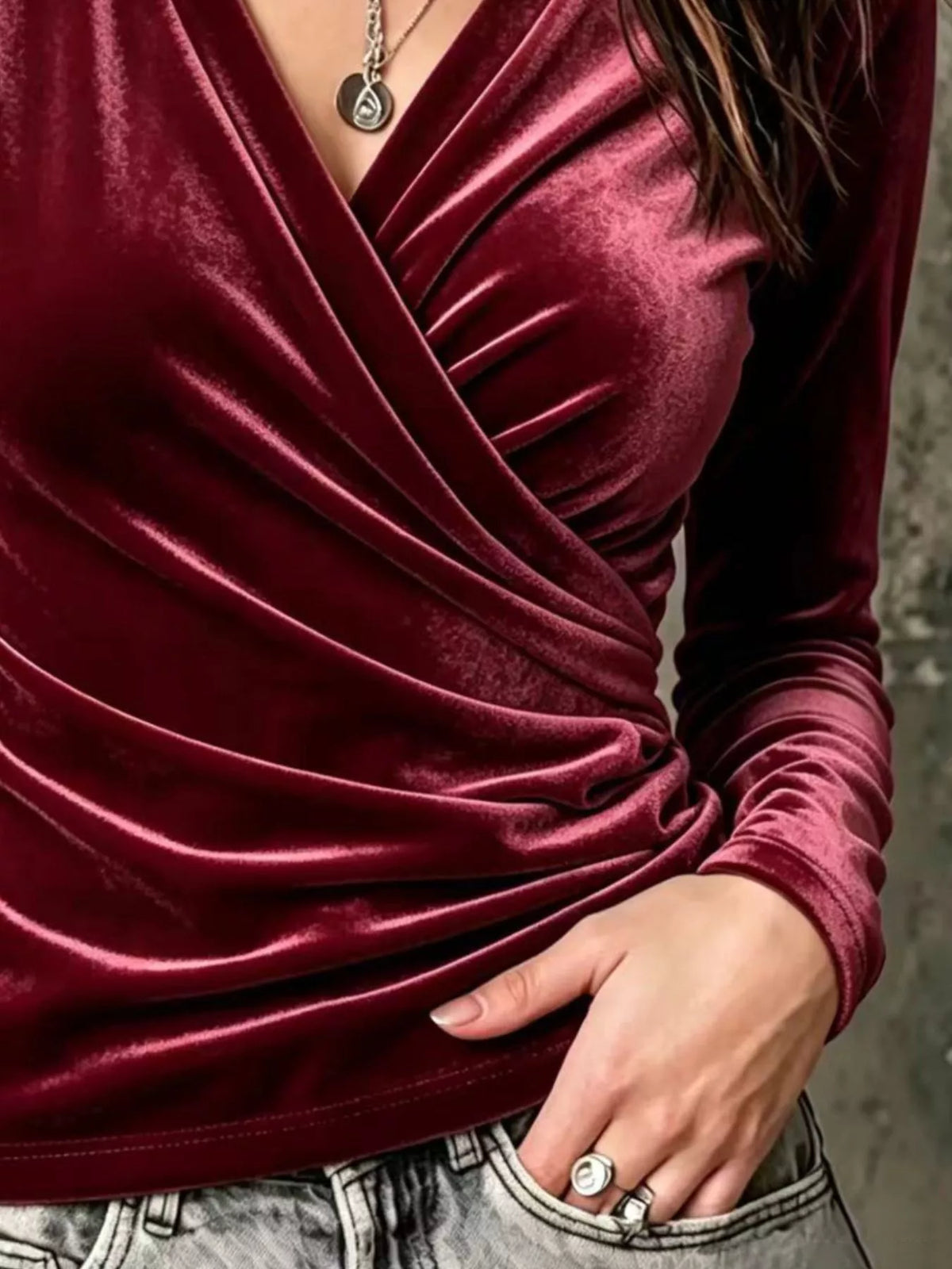 Full Size Surplice Ruched Long Sleeve Top Plus Size
