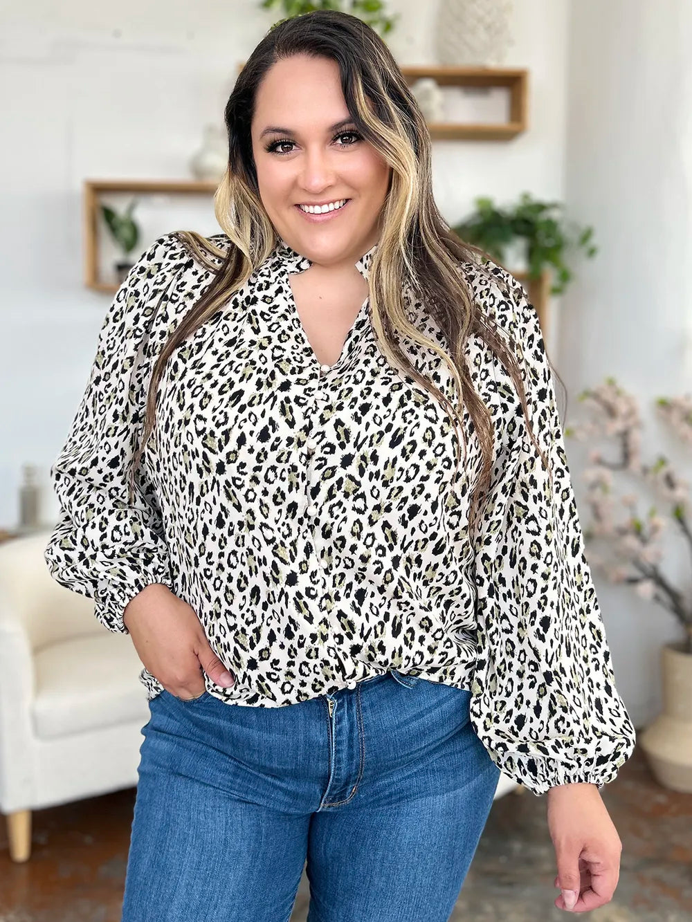 Double Take Full Size Leopard Long Sleeve Blouse - Lilixa.store