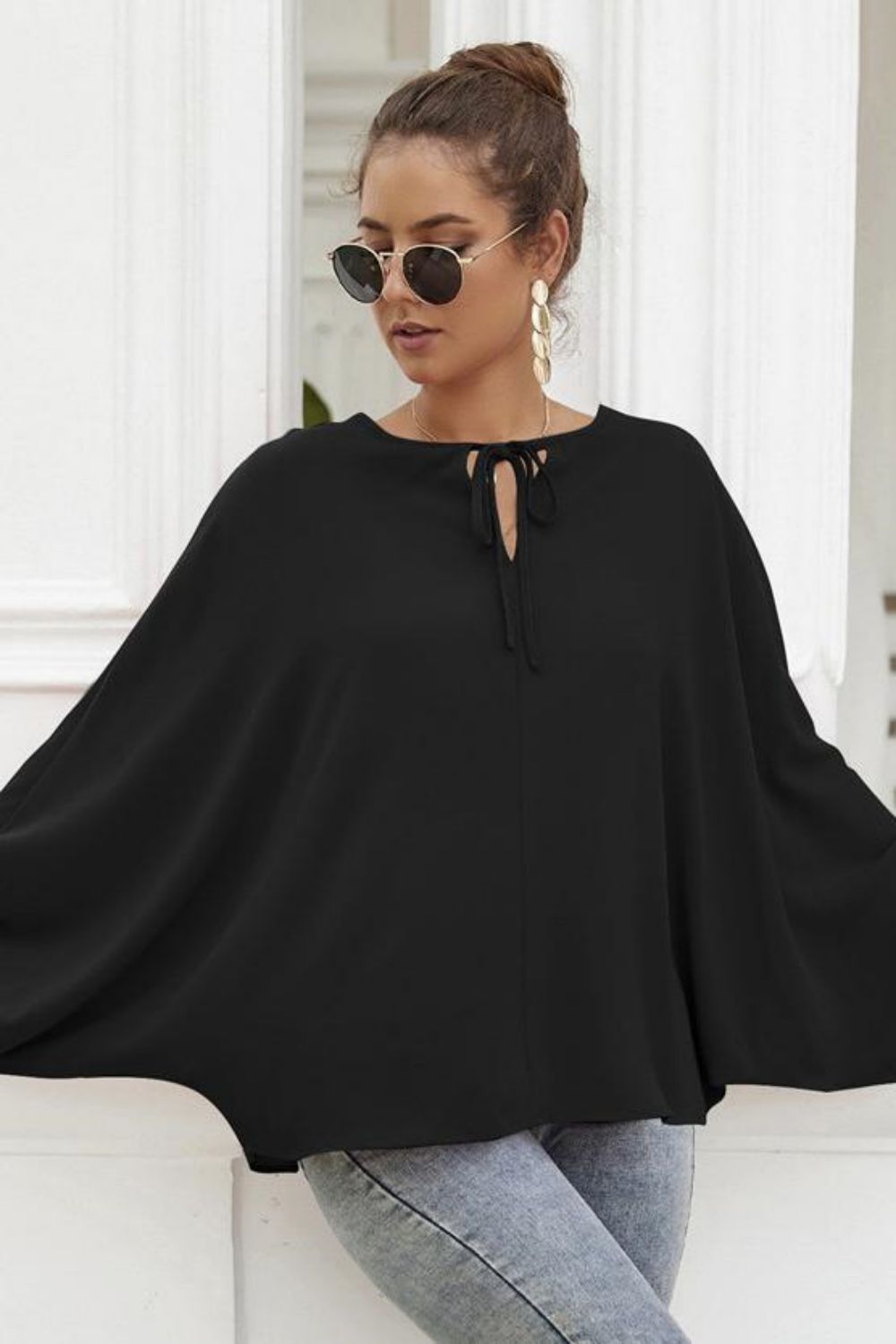 Tie Neck Balloon Sleeve Blouse in Black, view 4