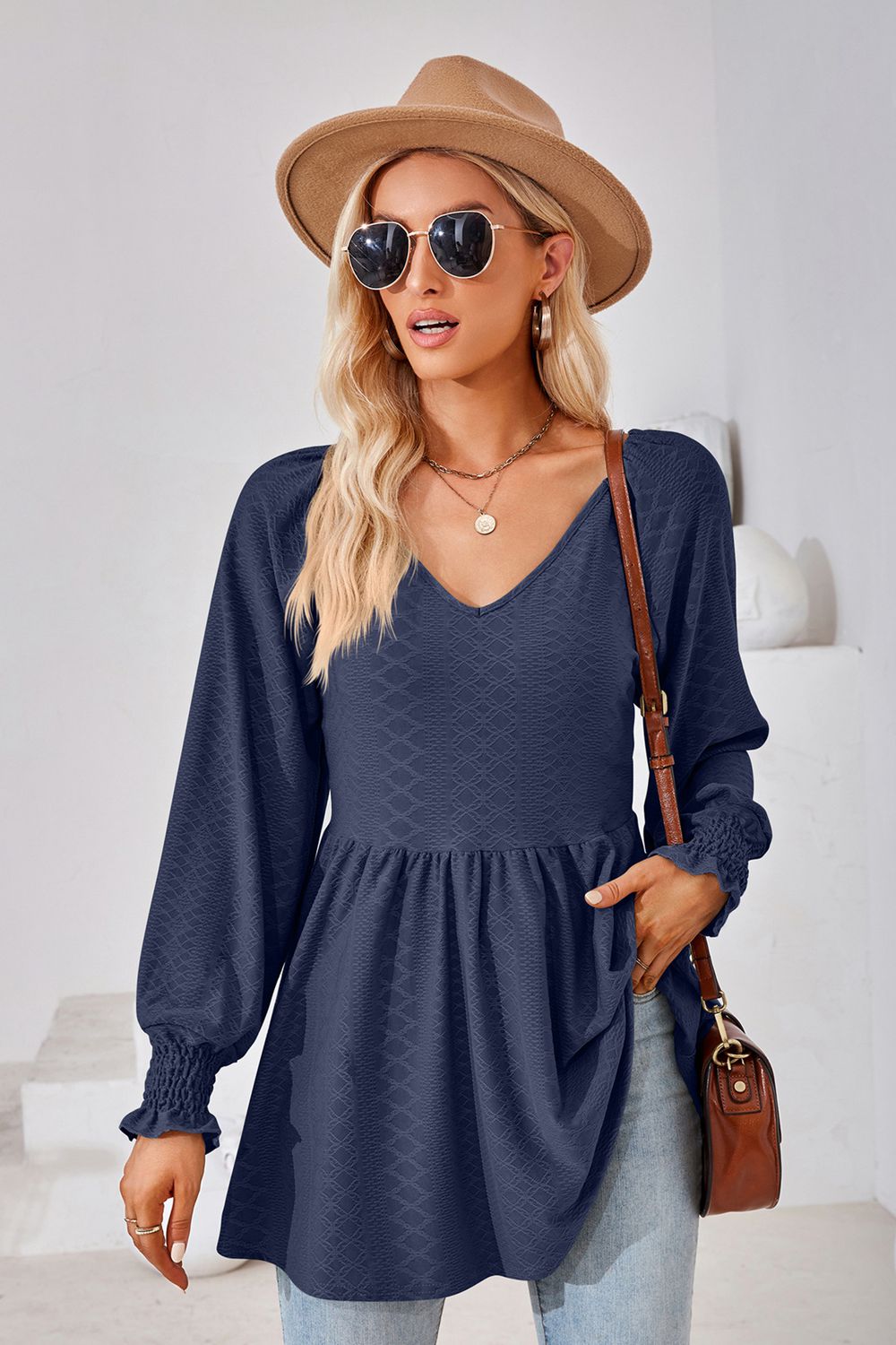 V-Neck Lantern Sleeve Blouse in Dark Blue