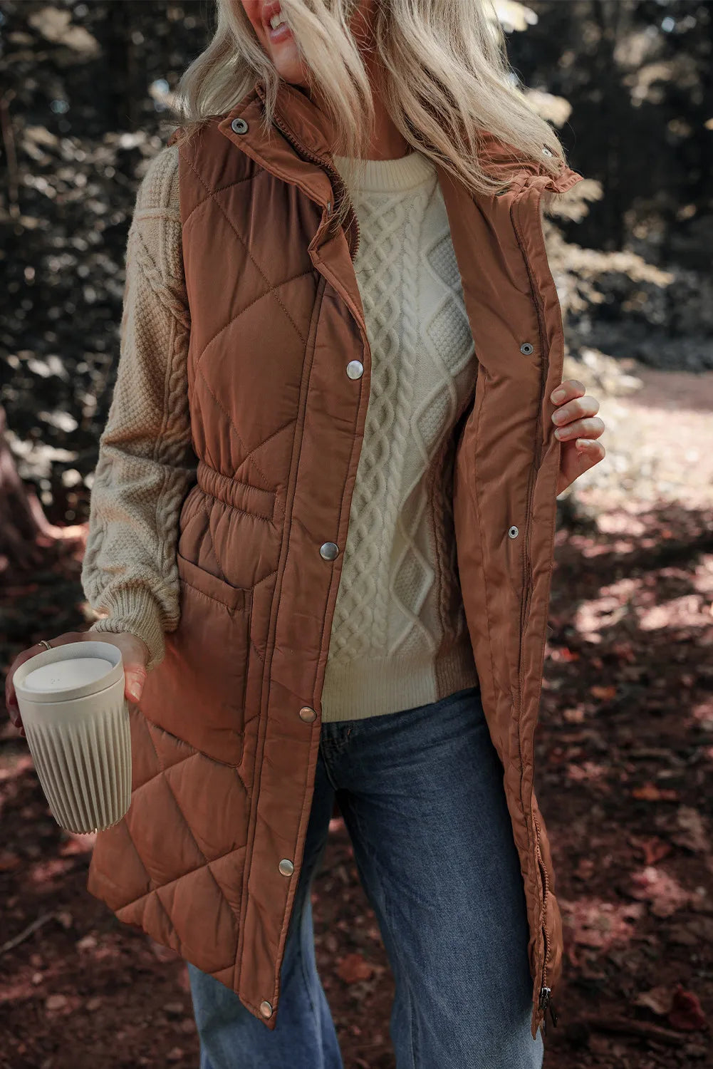 Pocketed Zipper and Button Vest Coat, view 3