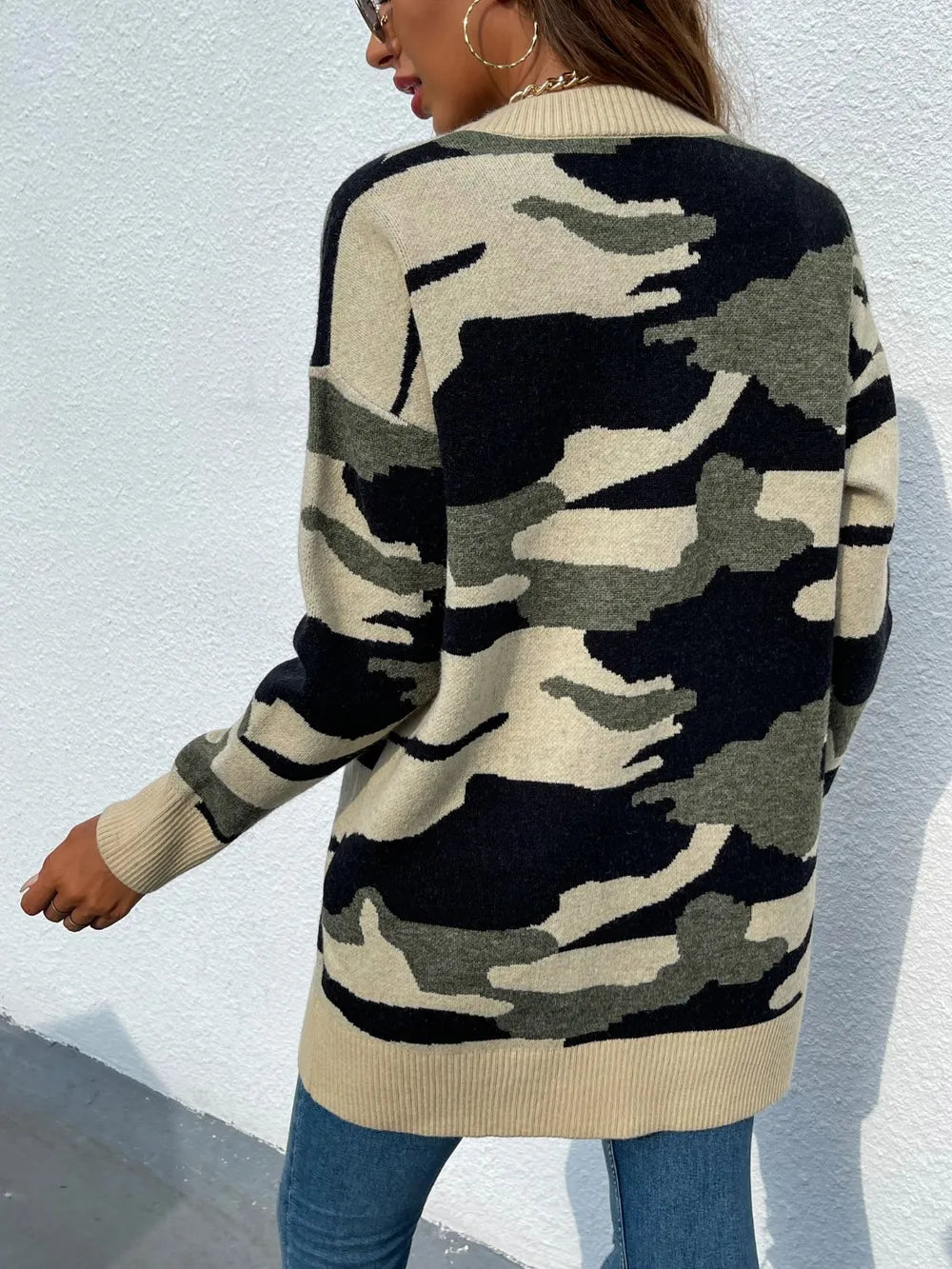 Camouflaged Dropped Shoulder Open Front Cardigan - Lilixa.store