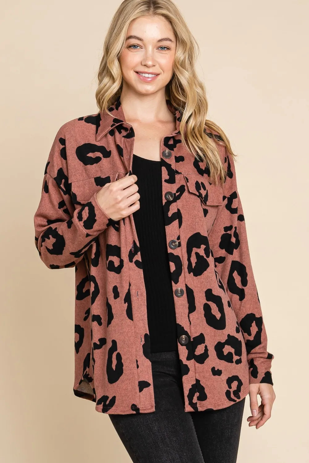 BOMBOM Animal Print Button Up Knit Shacket - Lilixa.store
