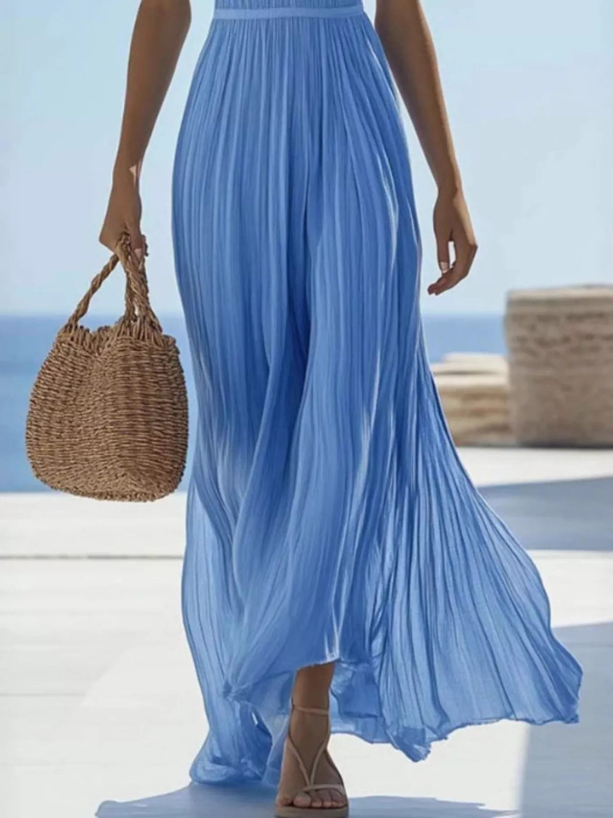 V-Neck Sleeveless Pleated Maxi Dress