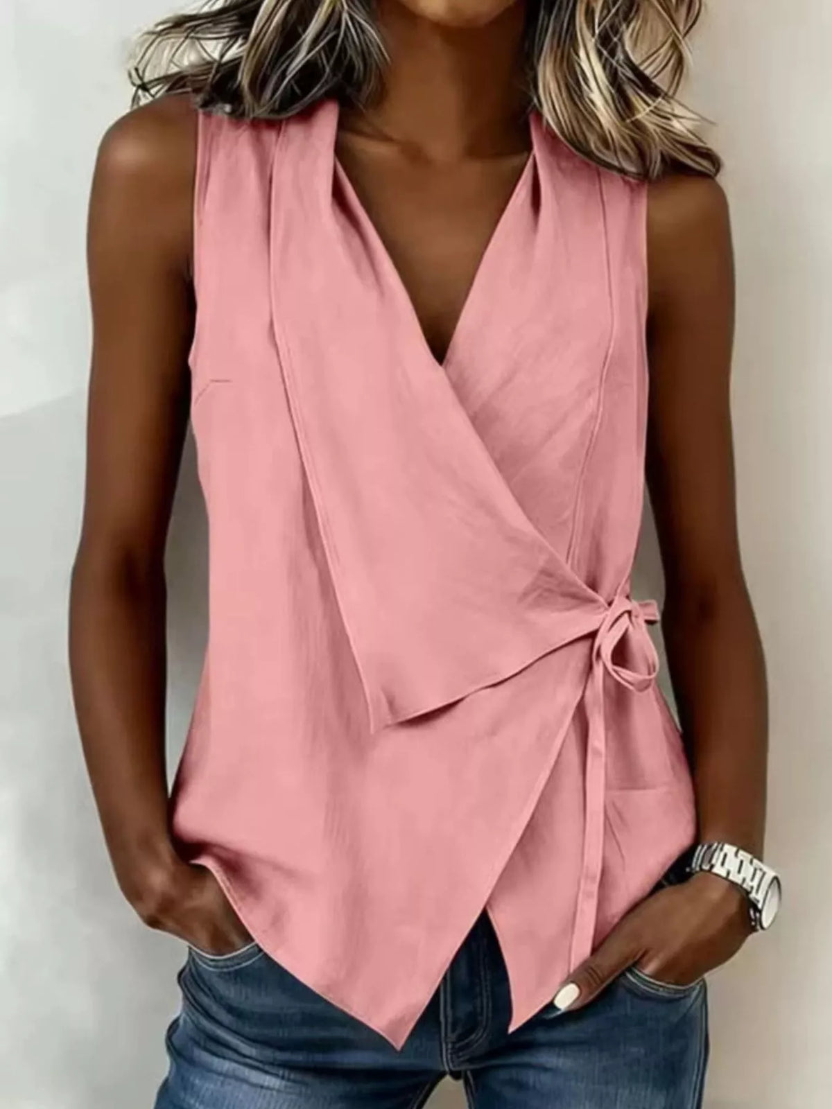 Tie Detail Sleeveless Top in Pink
