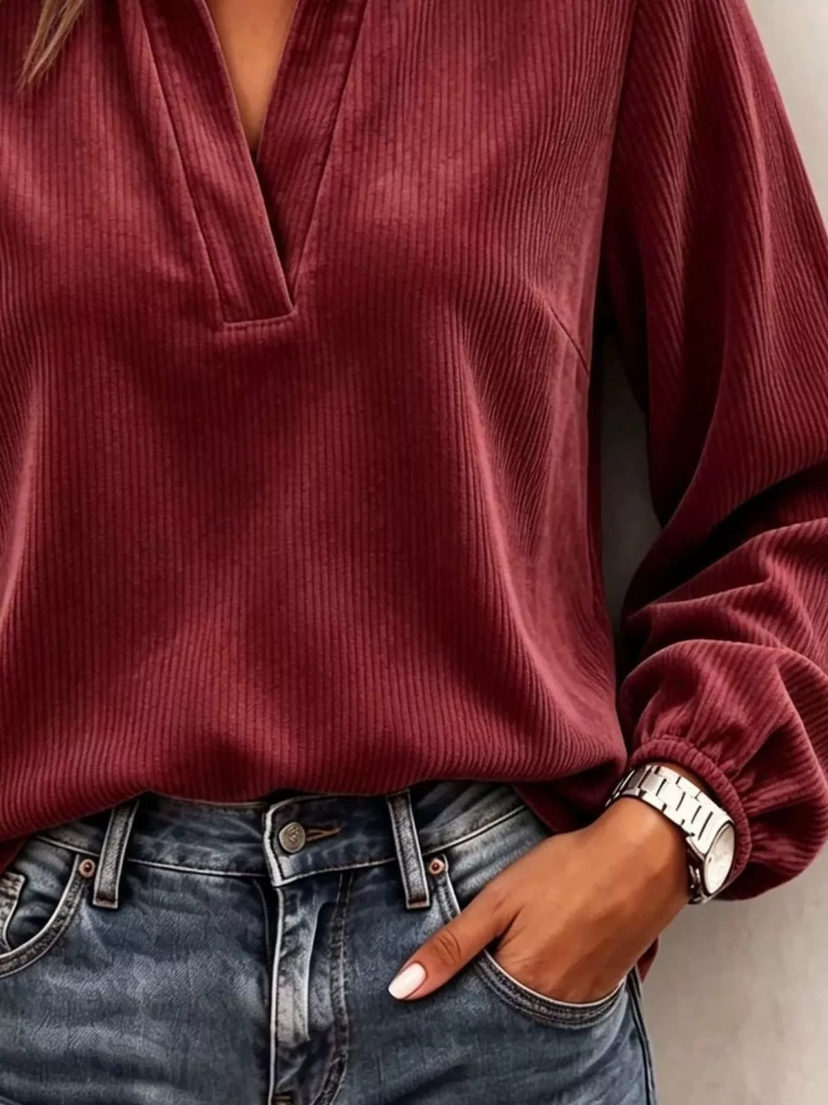 Full Size Corduroy Notched Long Sleeve Top Plus Size
