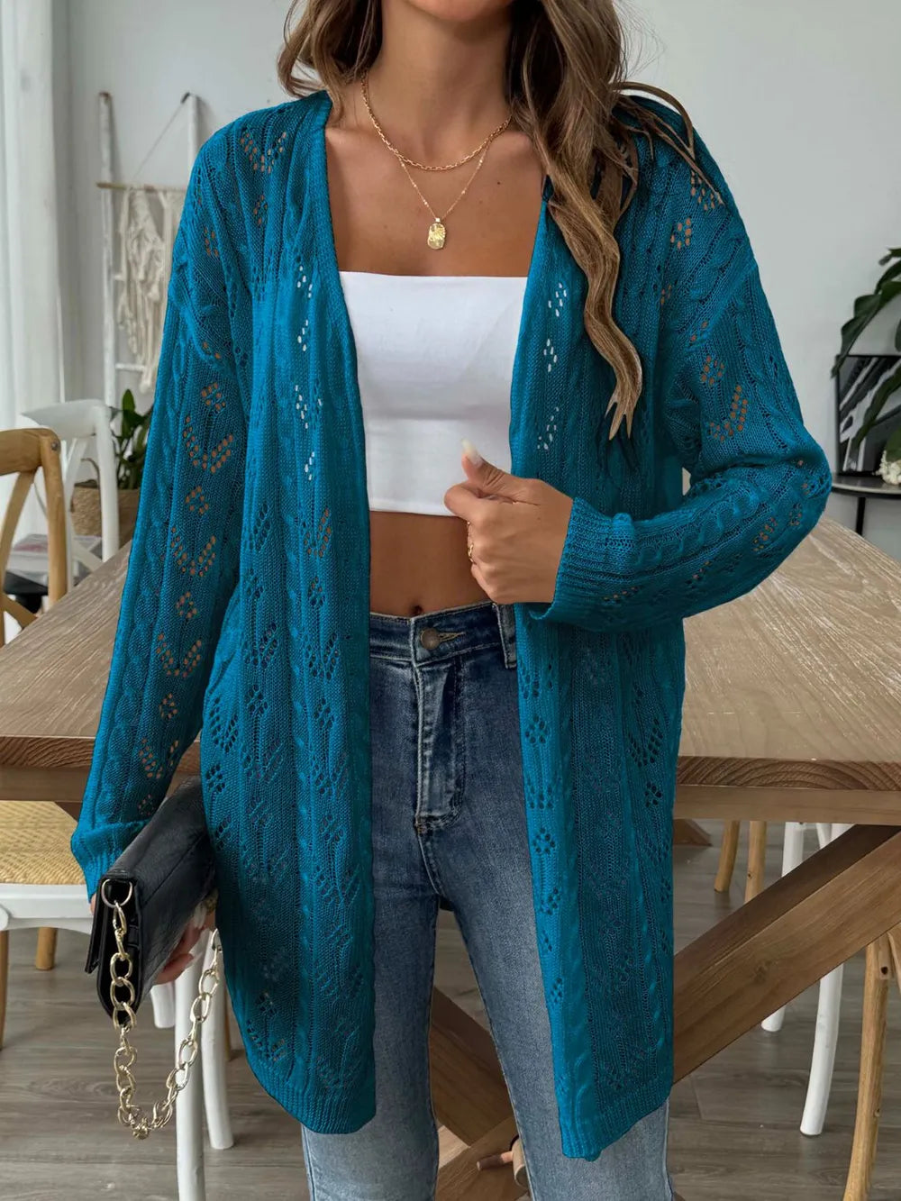 Openwork Open Front Long Sleeve Cardigan - Lilixa.store