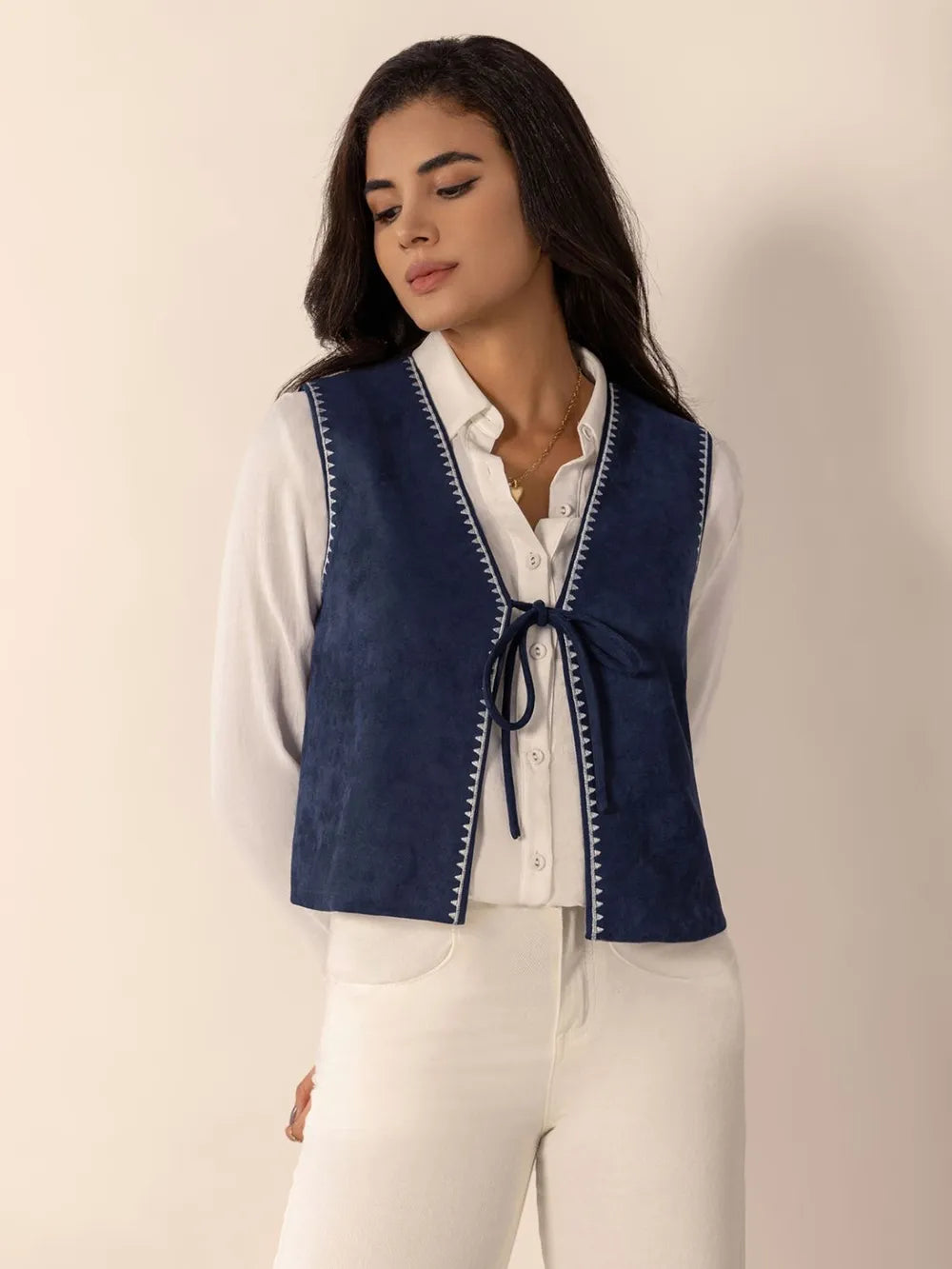Tied Contrast Trim Vest - Lilixa.store