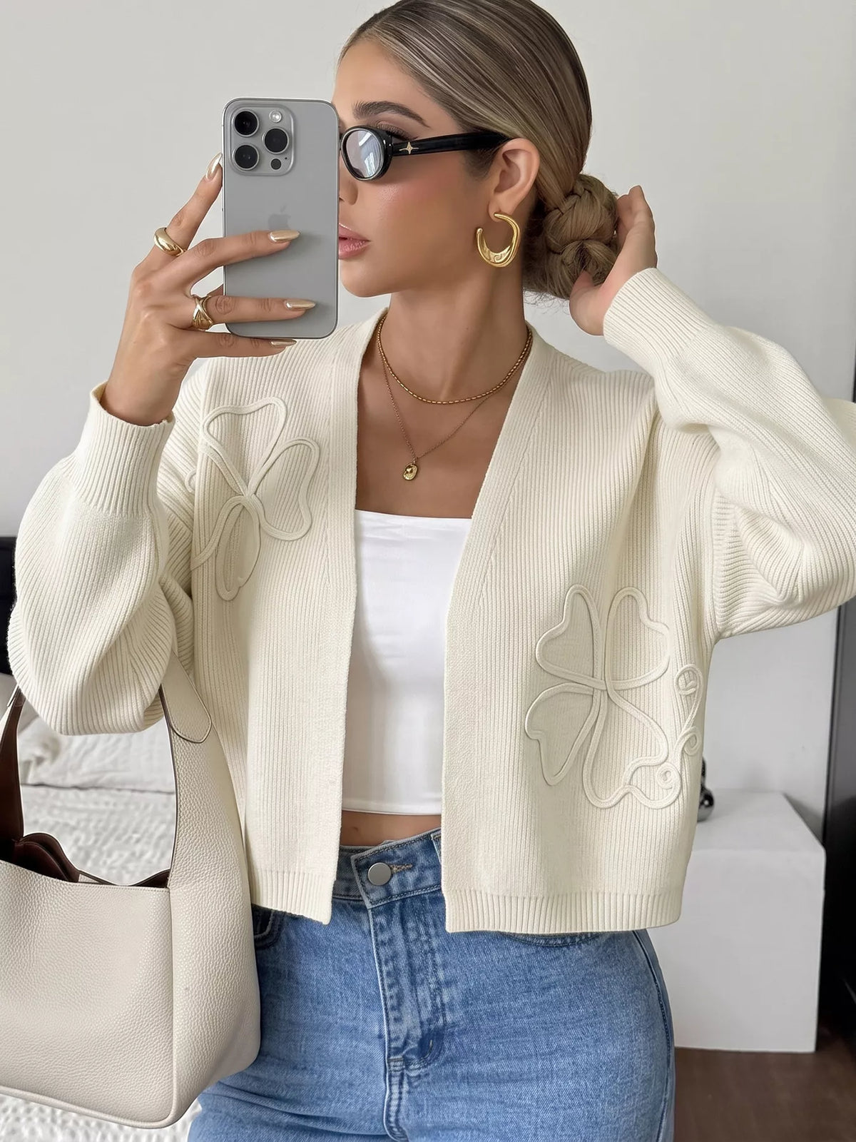 Four-Leaf Clover Open Front Cardigan - Lilixa.store